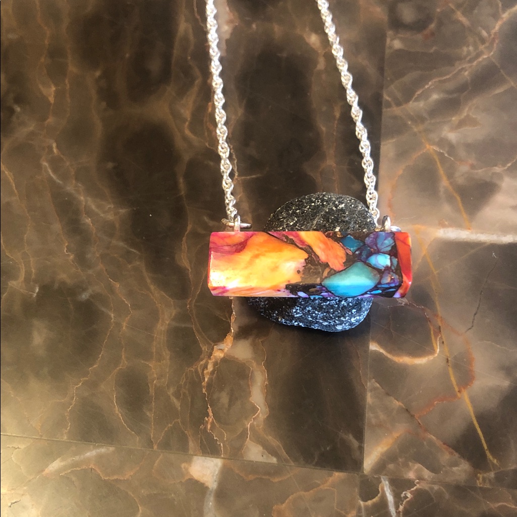 Colorful Kingman Turquoise Bar Pendant Necklace - Vibrant Orange & Turquoise